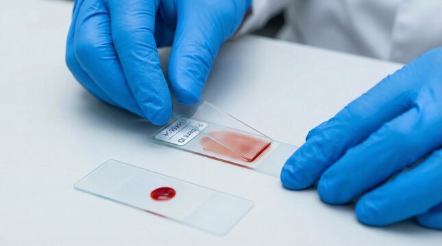 Scientist in blue gloves preparing a blood smear on a glass microscope slide in a laboratory.