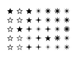 A collection of black and white star and sparkle icons in various shapes and styles Vector