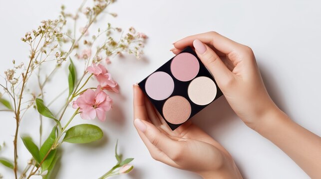Hands holding makeup palette with flowers on soft background  