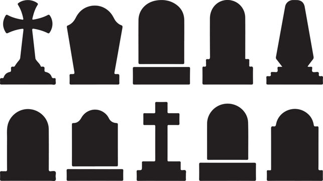 Set of gravestone silhouettes isolated on white background. Vector illustration