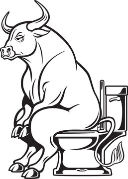 Cartoon style bull sitting on a toilet
