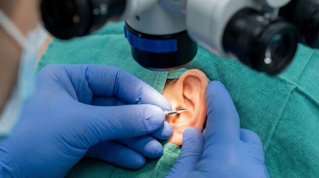 Surgeon performing delicate ear surgery using a surgical microscope.