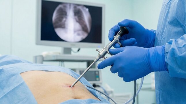 Surgeon performing minimally invasive laparoscopic surgery using an endoscope and monitor in the operating room.