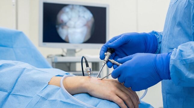 Surgeon performing minimally invasive arthroscopic wrist surgery in a modern operating room with fluoroscopy guidance.