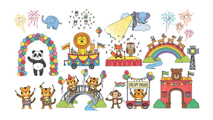 Naklejka premium Whimsical Circus: An imaginative illustration of a circus filled with adorable animals, showcasing vibrant colors, cheerful characters, and the excitement of a spectacular show.