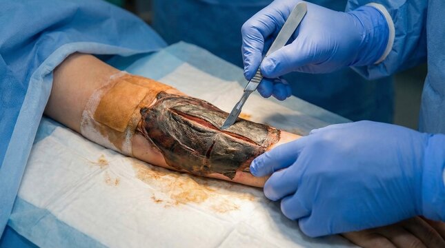 Surgeons hands in blue gloves performing surgery on a patients arm with a scalpel.