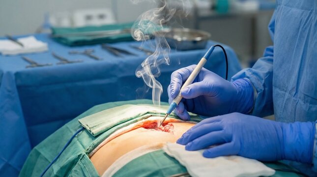 Surgeons hands using an electrocautery pen during abdominal surgery in a modern operating room.