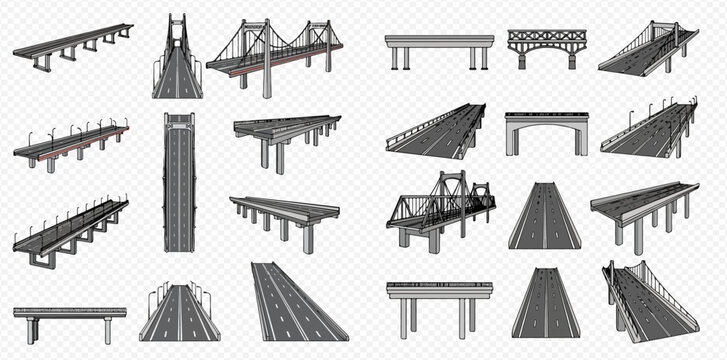 A comprehensive collection of isometric bridge and highway road construction elements isolated on a transparent background.