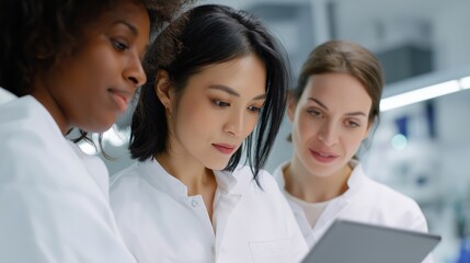 Fototapeta premium Group of female scientists collaborating and reviewing data in lab 