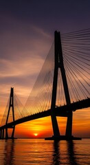 Obraz premium Cable-stayed bridge over water at sunset.