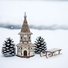 Fototapeta premium A miniature model of a white ornate tower with a steeple surrounded by snow covered pine trees and a bench in a winter wonderland scene