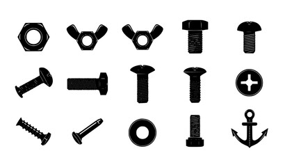 Fototapeta premium Nuts Bolts Screws Rivets Icon Set Hardware Fastener Silhouette Vector Collection Transparent Background