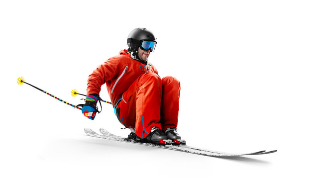 Skier in action. Extreme skating. Skiing sport. The skier man doing a trick. Sportsman in a ski suit. Driving at high speed. Sport. Isolated