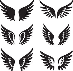 Fototapeta premium Set of hand drawn bird or angel wings of different shape in open position. Black doodle wings set