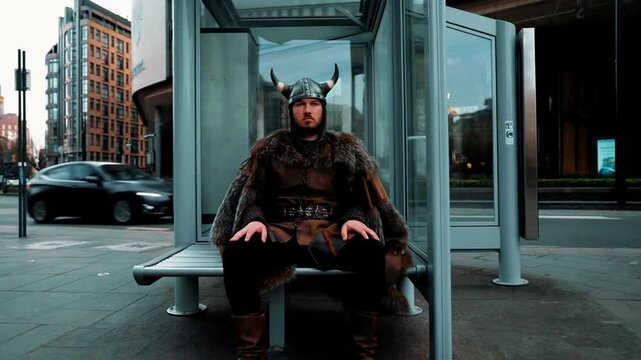 Viking Costume Man Sitting at Urban Bus Stop Wearing Horned Helmet and Fur Coat