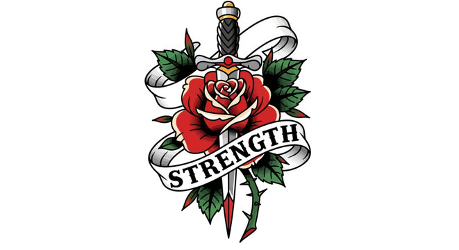 A red rose wrapped around a dagger with a ribbon banner displaying the word strength in a traditional tattoo style illustration.