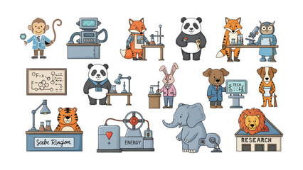 Fototapeta premium Animal Scientists' Research & Experiment: A collection of charming cartoon animals, each embodying a scientist, actively engaged in laboratory experiments and research endeavors.