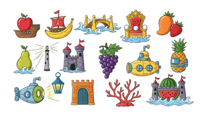 Whimsical Waters: A charming collection of playful, illustrated objects floats on the waves, each item brimming with imagination and vibrant color. 