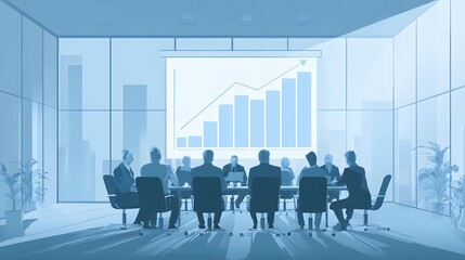 Corporate shareholder meeting in modern boardroom with executives seated around long conference table and large financial growth chart on screen, clean flat vector illustration, corporate blue color