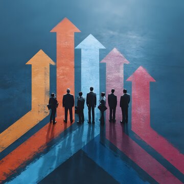 Executive team alignment concept with growth arrows and charts