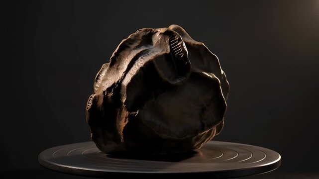 Abstract dark rock formation on a rotating platform with dramatic lighting