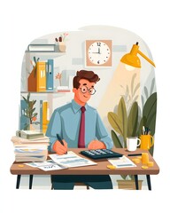Accountant calculating annual tax payment with calculator and documents on desk, flat vector illustration