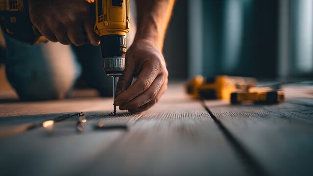 A close up shot captures a person's hands using a yellow power drill to drive a screw into a wooden floor, highlighting construction and craftsmanship.