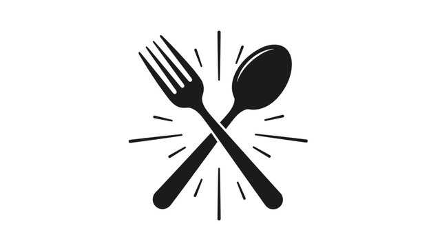 Crossed fork and spoon icon with sunburst lines for restaurant branding dining hall signage and culinary services.