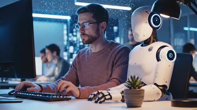 Man works with robot colleague at office desk typing. Programmer collaborates with robot assistant. Man and AI robot work together. Robot sits beside human at office desk. Future workplace team.