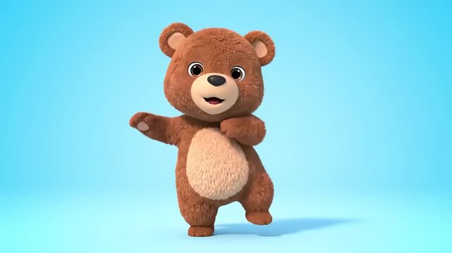 Cute cartoon bear dancing happily on blue background. Cheerful, funny, digital 3D rendering of an animated teddy bear, joy, celebration, fun.