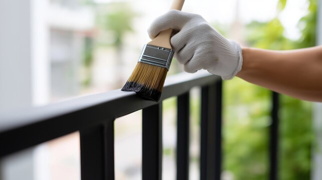 Hand painting a black railing with brush in bright outdoor setting  