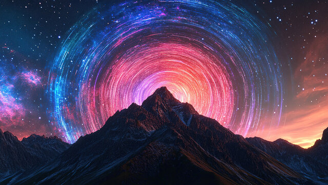Colorful neon light circle vortex over the mountains. Sci-fi digital futuristic landscape background 
