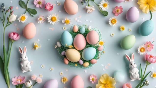 Easter background with pastel eggs, bunnies and spring flowers flat lay border 