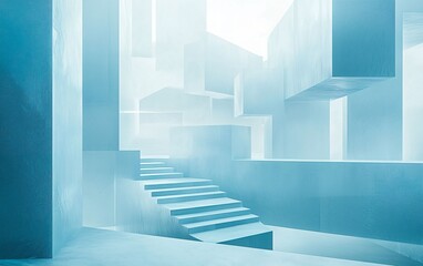 Obraz premium Abstract Blue Geometry with Stairs in a Dreamy Surreal Environment