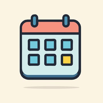 Vector illustration of a colorful illustration of a calendar icon with a pink header and blue accents on a beige background