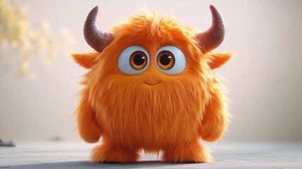 Fototapeta premium friendly fluffy orange horned creature with big round eyes and a warm smile standing on a soft surface