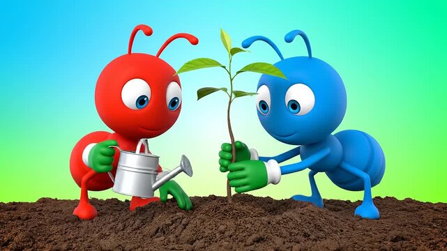 Red and blue ants planting sapling, gardening, watering, in the soil, helping each other, cartoon style, nature conservation, caring, development, growth