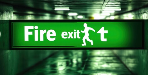 Illuminated green fire exit sign with running figure and arrow above a dim reflective underground corridor conveying urgent guiding mood