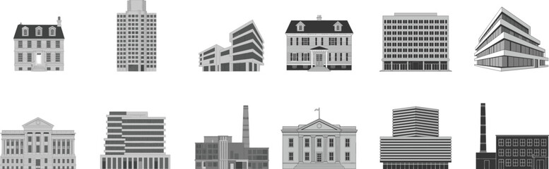 Monochrome architectural building icons and city structures collection, vintage house, modern office, courthouse, industrial factory silhouettes on white background set © New World