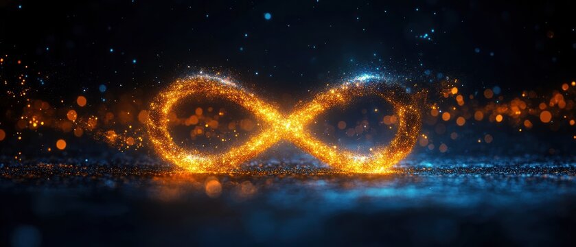 Glowing golden particle infinity loop hovering above a reflective surface with blue bokeh lights, evoking wonder and serene magic