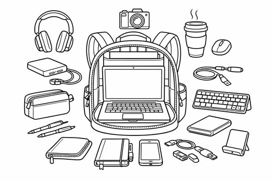 Backpack with school and travel gear line art set, student essentials and everyday items illustration