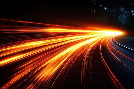 curving night road with blazing orange and yellow light trails rushing past dark trees, evoking high speed, energy and dynamic motion