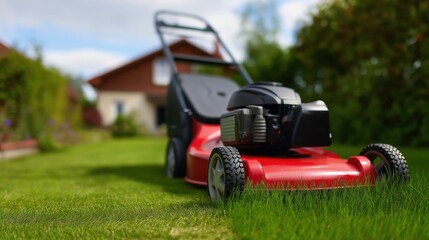 Lawn mower on green grass in residential backyard on sunny day  
