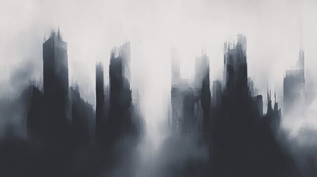 fog-shrouded abstract city skyline of towering blurred skyscrapers in a stark monochrome palette, evoking an eerie, melancholic and desolate mood