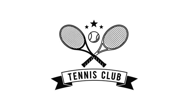 Vintage style tennis club logo featuring two crossed rackets a ball and three stars above a ribbon banner with text.