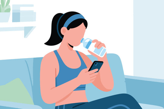 Person in blue sports bra and headband sitting on couch, holding smartphone and drinking water, cartoon illustration of cozy home with plants and books.