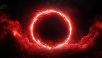 Fototapeta premium glowing red energy ring floating in dark space surrounded by swirling crimson nebula clouds, dramatic ominous and mysterious atmosphere