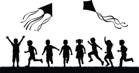 Obraz premium Happy children silhouettes flying kites outdoors showing playful childhood freedom teamwork and joy in nature isolated on white background illustration design concept