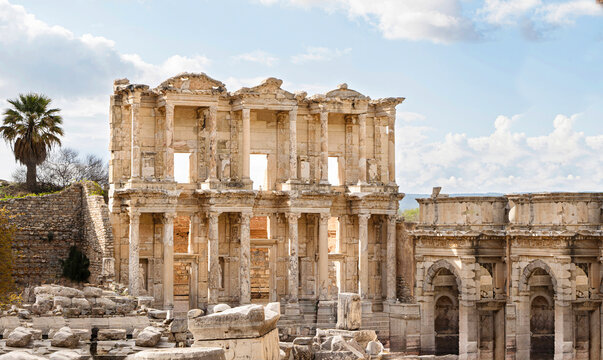 The Iconic Celsus Library Facade in Ephesus Ancient City, UNESCO World Heritage Site, Ancient Roman Architecture Landmark, Izmir Turkey