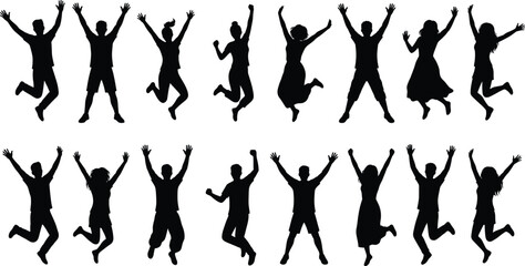 Fototapeta premium Happy jumping people silhouettes set showing celebration joy freedom success and positive energy isolated on white background for creative design and marketing projects